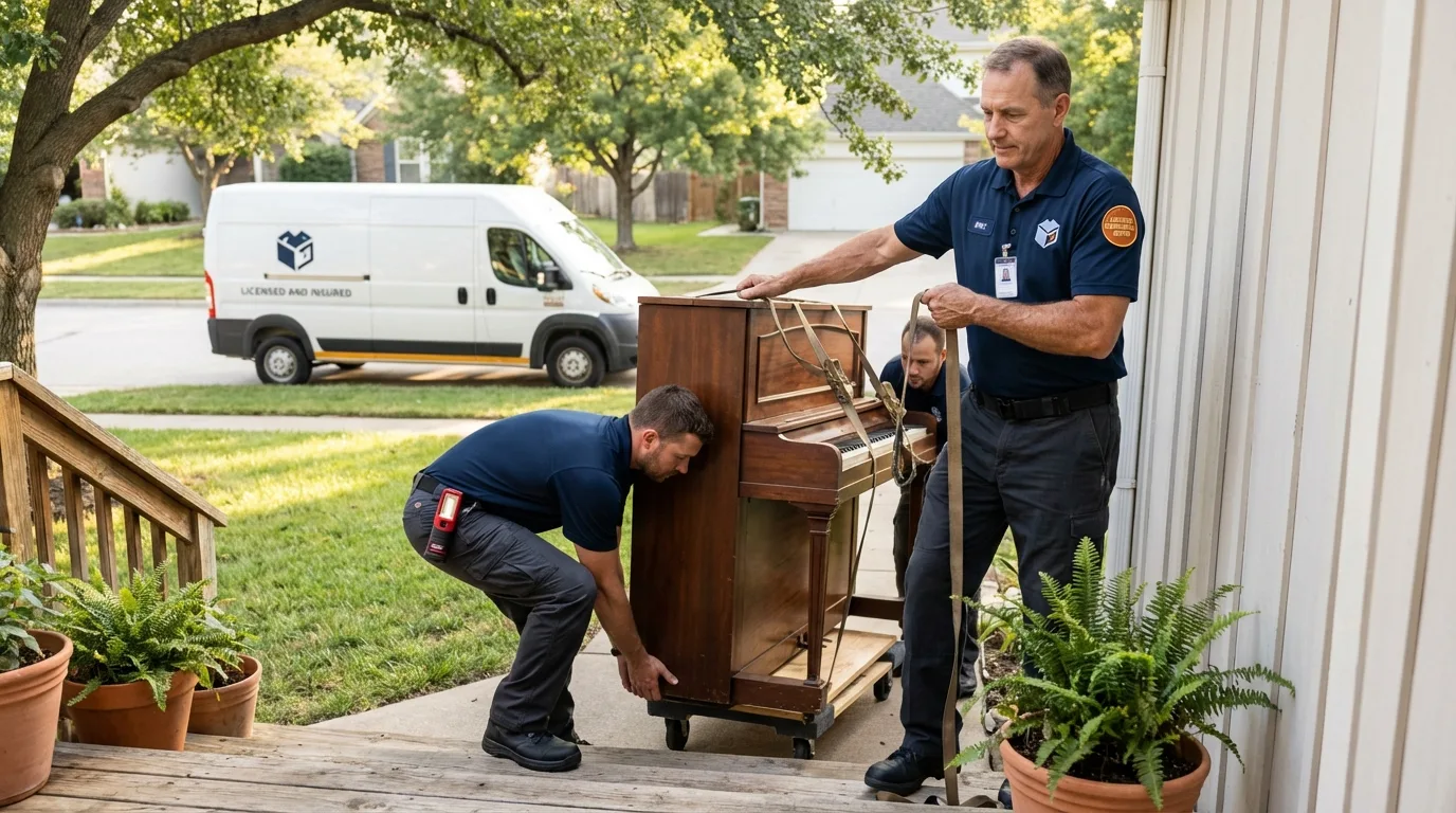 Licensed piano movers securing grand piano in Sulligent, AL