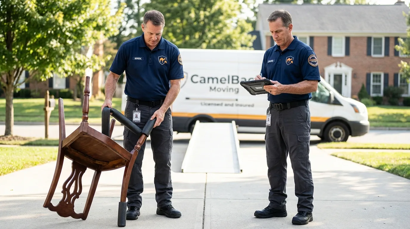 Movers inspecting furniture for damage prevention before loading in Sulligent, AL