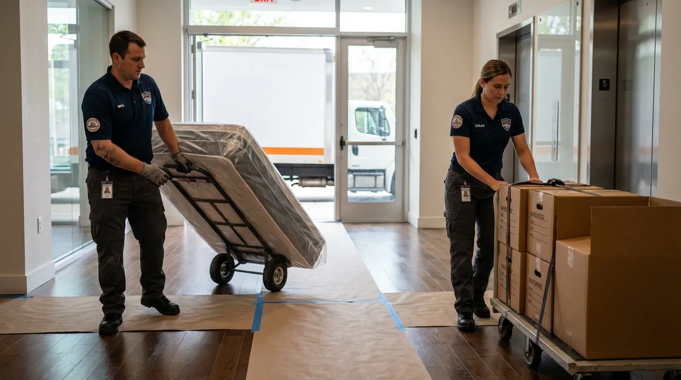 Professional apartment movers loading elevator in Sulligent, AL